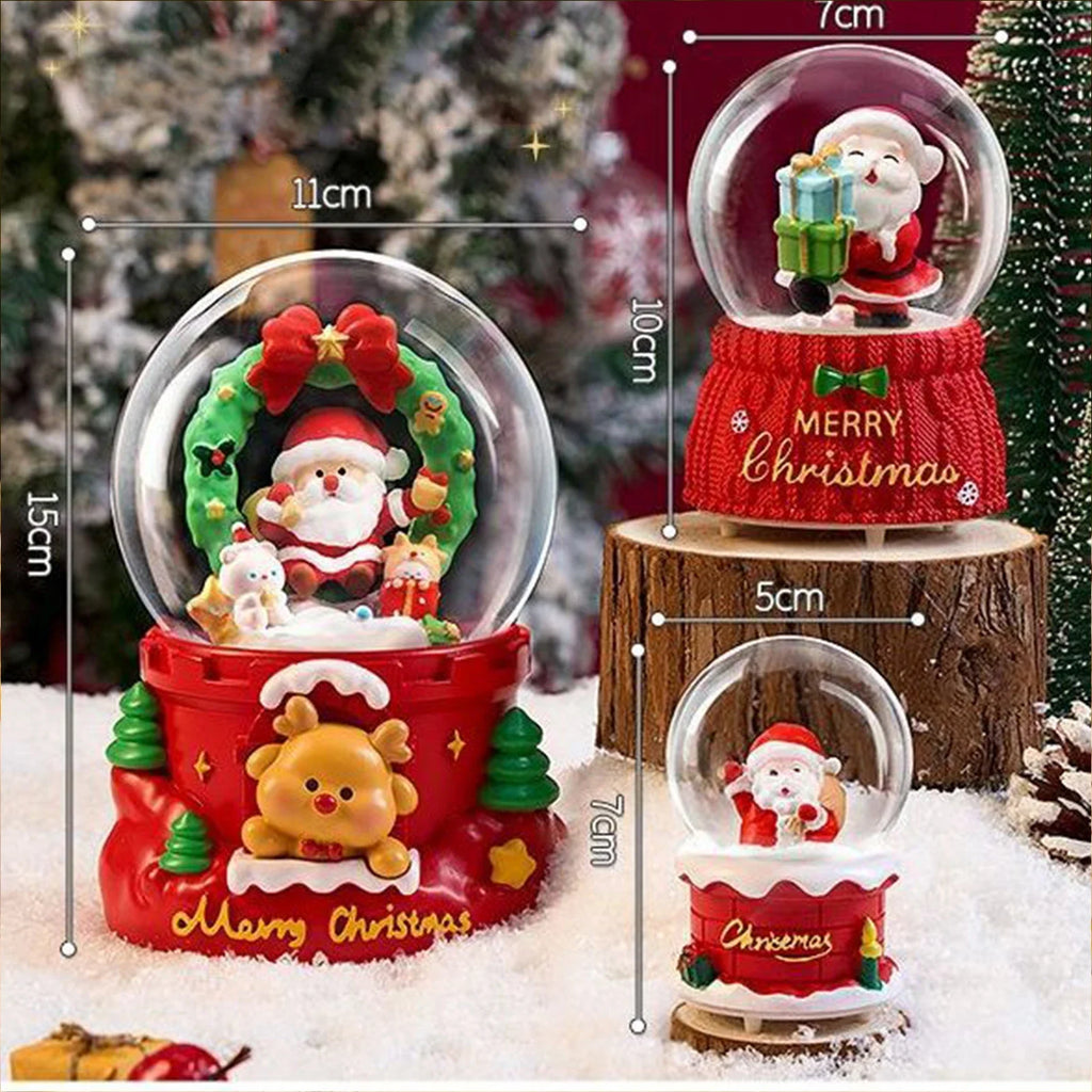 Santa Snow Globe - Magical Christmas Decoration with size comparison of three globe designs featuring Santa and reindeer, ideal for gift or decor.