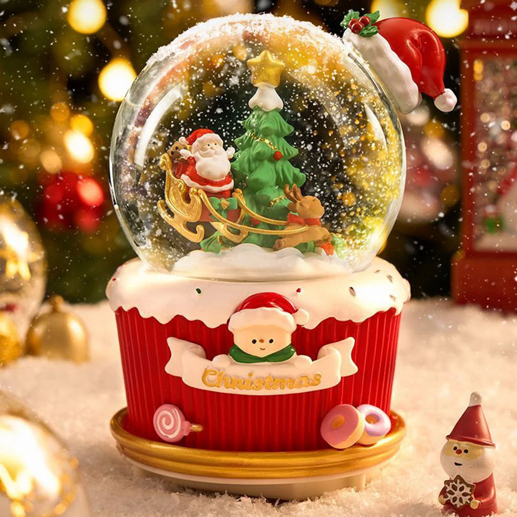 Santa Snow Globe - Magical Christmas Decoration with Santa in a sleigh circling a Christmas tree inside a large globe, perfect for festive centerpiece.