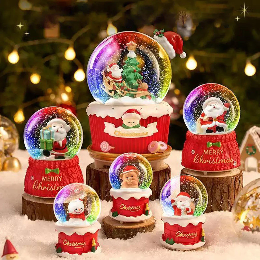 Santa Snow Globe - Magical Christmas Decoration featuring multiple glowing globes with Santa Claus in festive scenes, perfect for holiday decor.